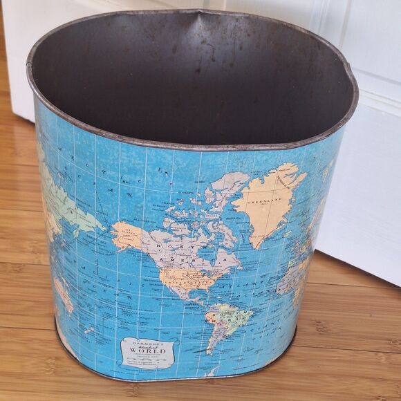 Vintage Hammond's World Map Waste Basket Garbage Can Tin Litho Trash Can 50s 60s - Picture 11 of 14